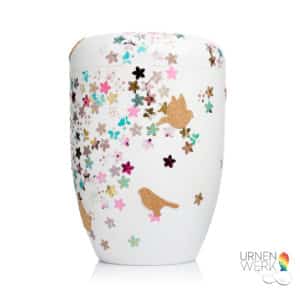 Bio Urne "zarter Vogelsang" mit bunten Blumen