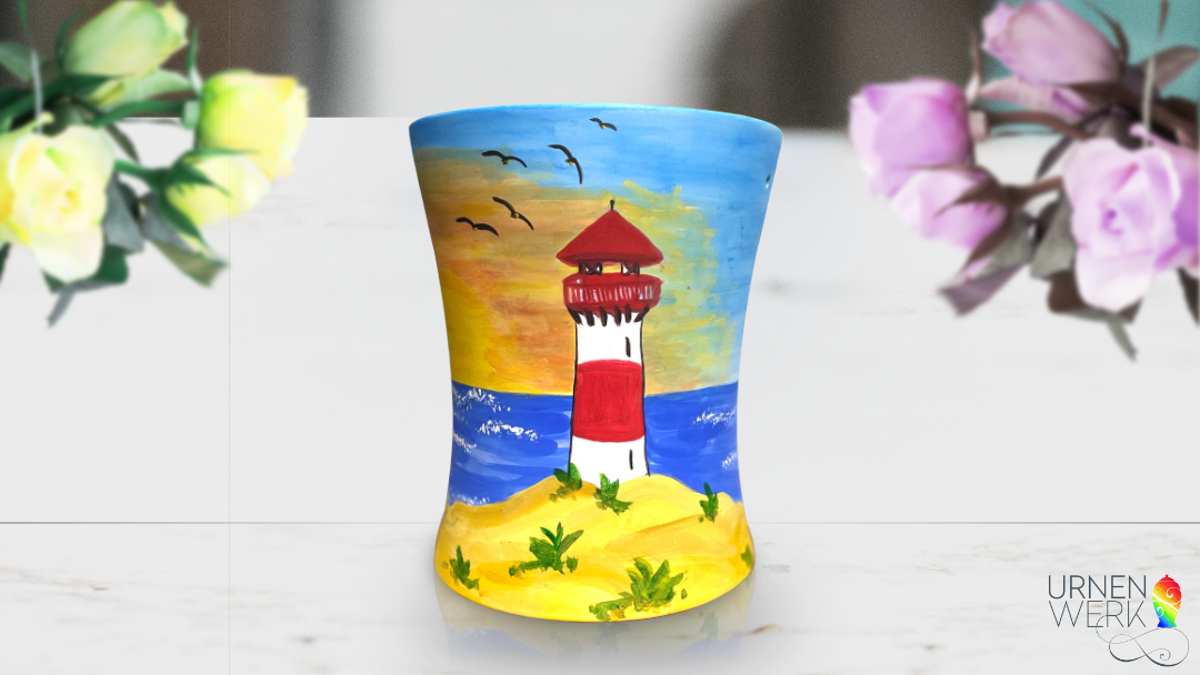 Ein Leuchtturm steht auf dem Sand und Möwen umkreisen ihn. Wellen brechen sich auf dem Meer.