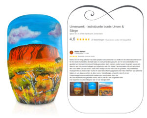 Die fertige Urne mit dem Ayers Rock. Auf der rechten Seite die Google Bewertung.